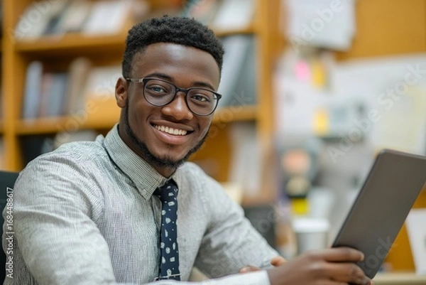 Fototapeta Young smiling male office worker sitting at a desk and working on a tablet, efficiently managing tasks while maintaining a positive and approachable attitude, Generative AI