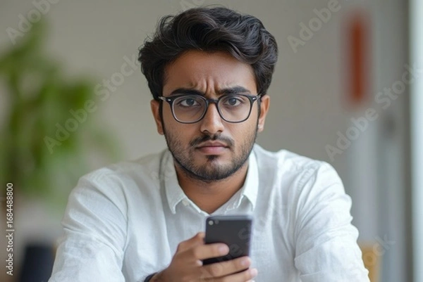 Fototapeta Young Indian man businessman working in the office, holding glasses in hand and looking worriedly at his mobile phone, focused on urgent communication or financial matters, Generative AI