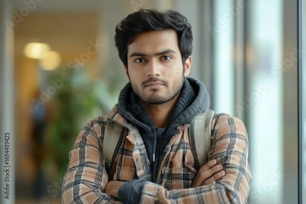 Fototapeta Portrait of a young successful Indian male programmer, developer standing in an office center, crossing his arms over his chest and looking seriously at the camera, ready to tackle, Generative AI