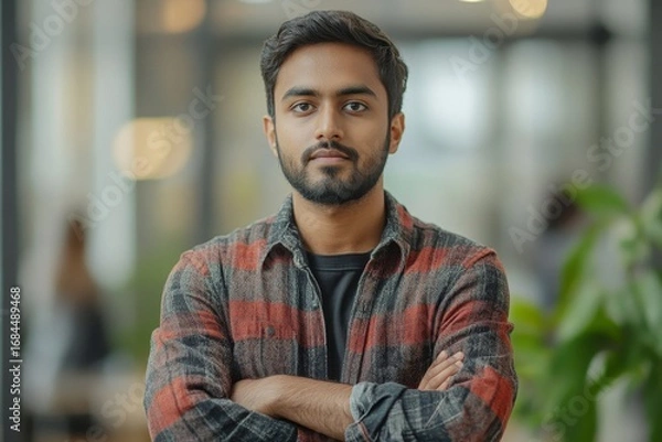 Fototapeta Portrait of a young successful Indian male programmer, developer standing in an office center, crossing his arms over his chest and looking seriously at the camera, ready to tackle, Generative AI
