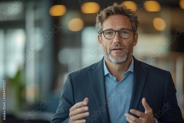 Fototapeta Business executive presenting an idea in a modern office setting, confidently sharing insights and engaging in a discussion with colleagues or clients about new projects or proposals, Generative AI