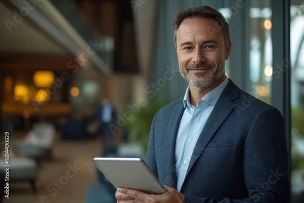 Fototapeta Businessman using a tablet in a modern office setting, focused on reviewing key documents or financial reports to ensure smooth workflow and decision-making, Generative AI