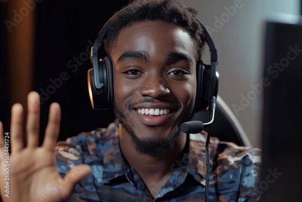 Fototapeta Young African American man wearing a headset, conducting an online business video call training or conference with his team from home, greeting and waving camera professional, Generative AI