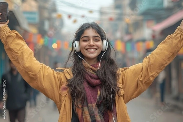Fototapeta Portrait of a young Indian woman standing on the street with a phone and headphones, dancing joyfully to music, smiling and looking at the camera in a carefree urban setting, Generative AI