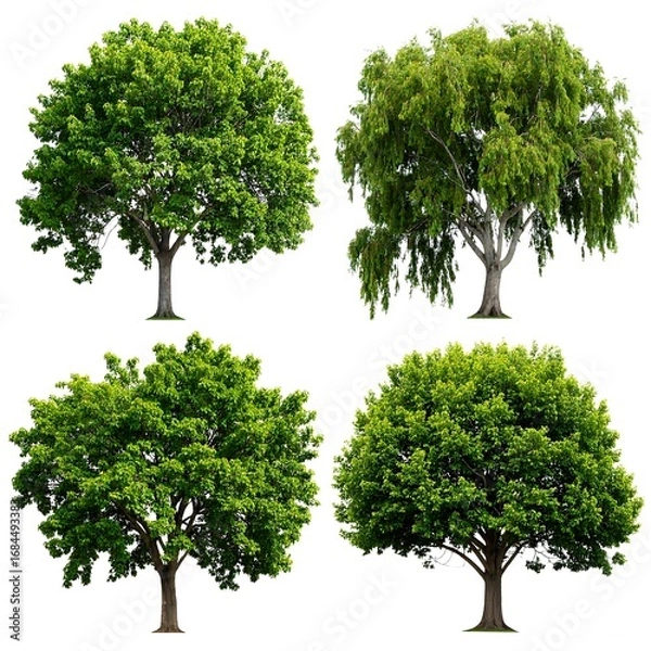 Fototapeta Four diverse green trees isolated on white