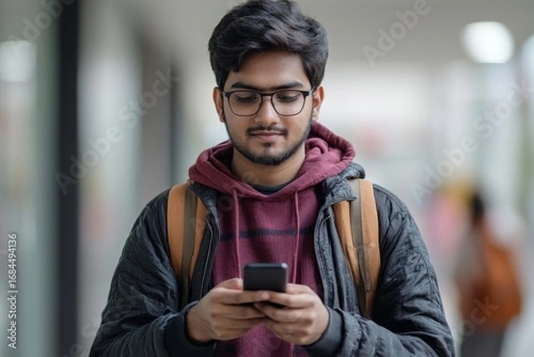 Fototapeta Indian young male student standing inside a campus, office, or university, using a phone, fully engaged in managing communication or personal tasks while balancing academic, Generative AI