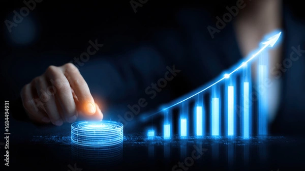Fototapeta Digital representation of financial growth with hand interacting with glowing coin and upward graph, symbolizing investment success and economic progress