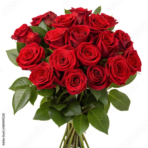 Fototapeta Red Roses Bouquet with Fresh Blooming Flowers and Lush Green Leaves Isolated on Transparent PNG Background for Wedding, Valentine’s, and Romantic Design