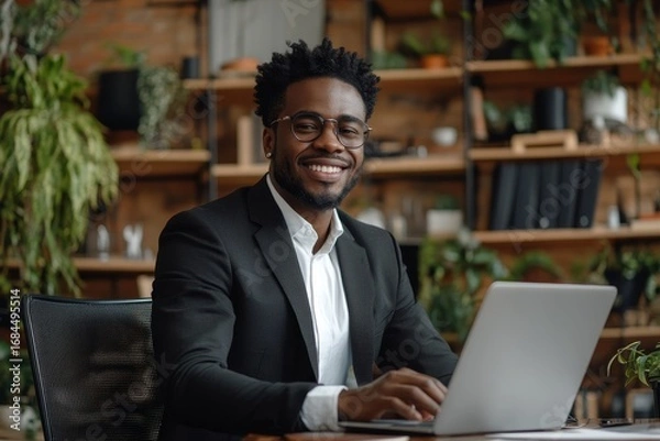 Fototapeta Happy young businessman sitting at a desk in the office, looking at his laptop screen with a wide smile, celebrating a recent success and showing a victory gesture with his hand, Generative AI