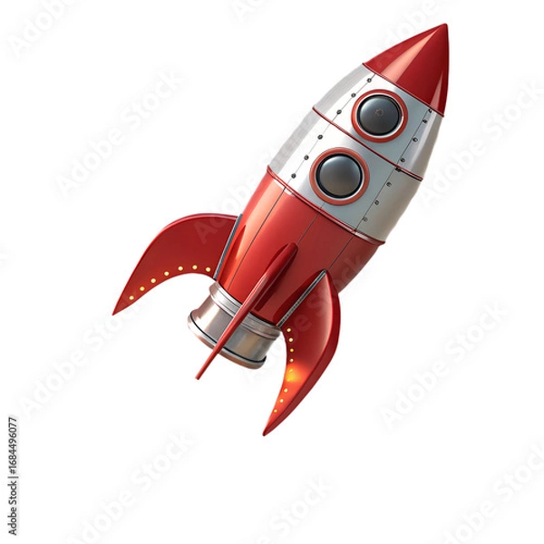Fototapeta 3D Glossy Plastic Rocket Icon with Metallic Accents and Blasting Fire Isolated on Transparent PNG Background for Space, Technology, and Futuristic Design