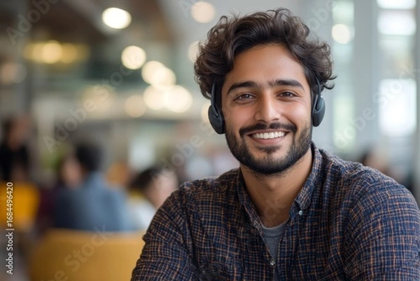 Fototapeta Cheerful Indian businessman using a headset in a modern office space, actively engaging in communication and multitasking to handle professional duties with enthusiasm, Generative AI