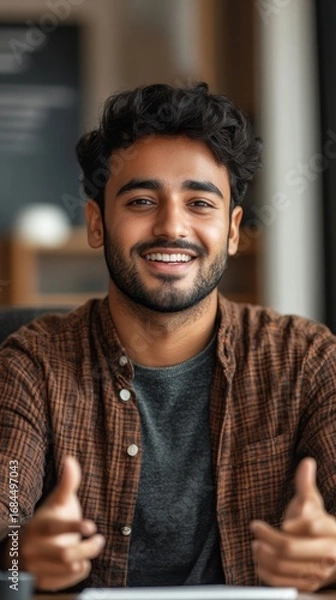 Fototapeta Vertical close-up photo of a young Indian man working in the office, speaking to the camera on a video call, smiling and gesturing with positivity and professionalism, Generative AI