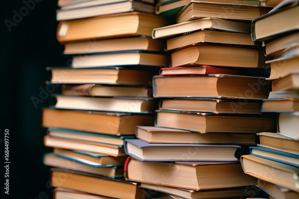 Fototapeta Stacks of diverse books create a rich tapestry of knowledge and learning, inviting exploration and discovery