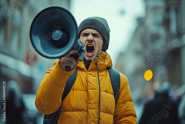 Fototapeta Angry and aggressive young man standing on the city street, loudly speaking on the phone through a loudspeaker, quarreling and shouting, recording a voice message with frustration, Generative AI
