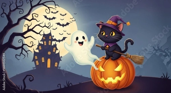 Fototapeta Cute Black Cat and Ghost on Pumpkin with Haunted House Background