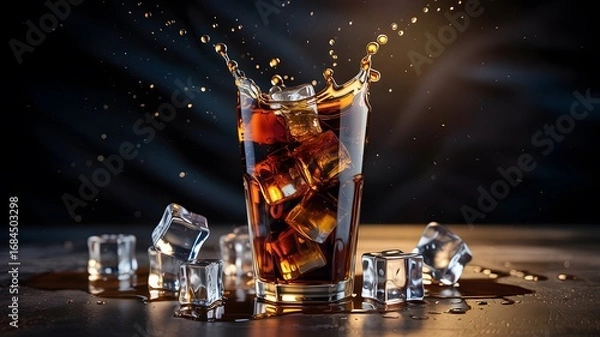Fototapeta Refreshing cola splash with ice cubes and dramatic lighting