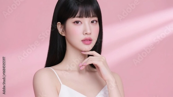 Fototapeta ピンクの背景に映える女性のポートレート