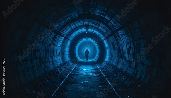 Fototapeta Mysterious dark tunnel with glowing blue exit light in the distance