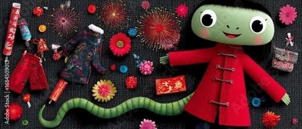 Fototapeta Festive doll in red coat with snake & fireworks