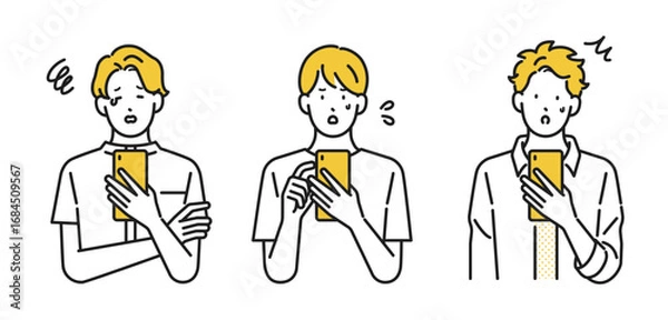 Obraz イラスト素材: スマホを見て困っている若い男性 表情セット