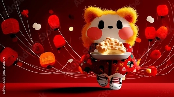 Obraz Festive furry creature holding mooncake amidst lanterns
