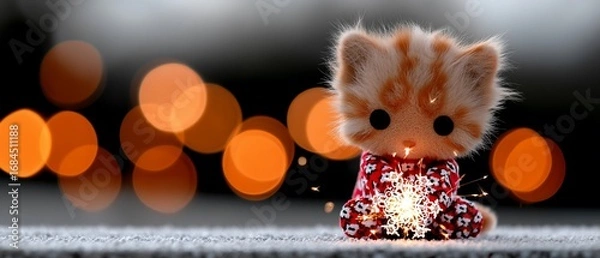 Obraz Festive kitten in pajamas holds sparkler before bokeh lights