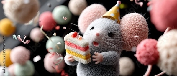 Fototapeta Festive mouse enjoying birthday cake amidst colorful confetti and balls