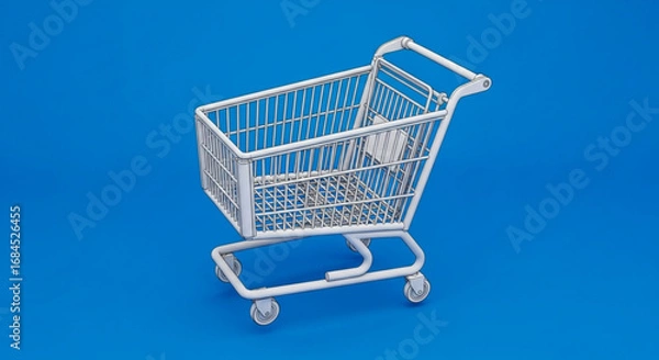 Obraz White shopping cart grocery store supermarket retail consumerism purchase trolley isolated object on blue background
