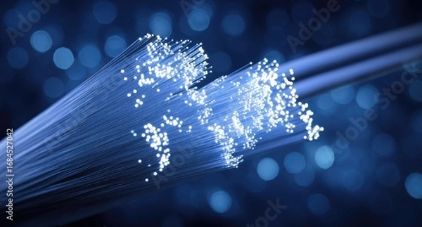 Fototapeta Fiber optic cable, world map shape, glowing light