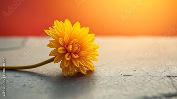 Fototapeta A golden-dipped chrysanthemum on polished stone, soft light filtering through a red and yellow gradient.