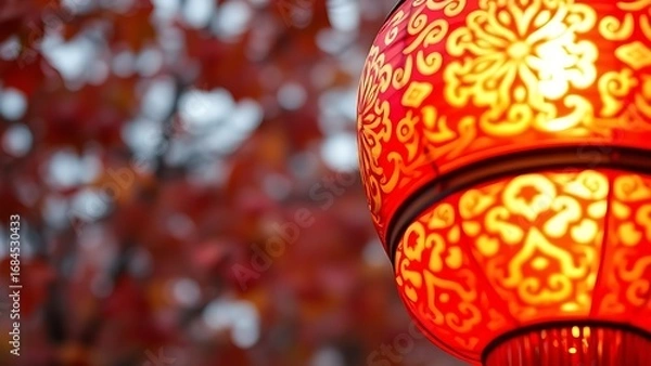 Fototapeta A vibrant red lantern with intricate golden patterns, glowing warmly against a soft-focus autumn leaves background.