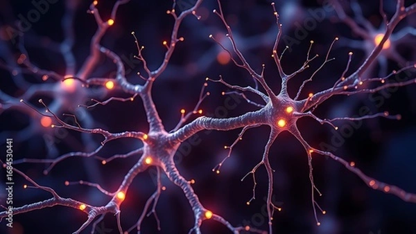Fototapeta Glowing neuron network with magnesium crystals pulsing at synaptic junctions.