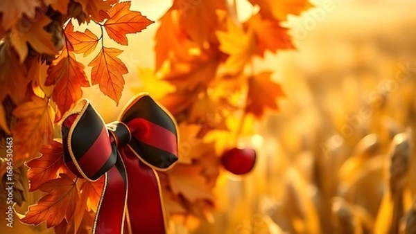 Fototapeta A black-red-gold ribbon wreath with autumn leaves, glowing in warm sunlight against a blurred wheat field.