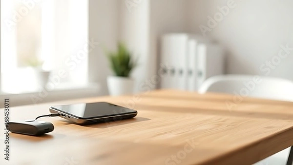 Fototapeta Minimalist workspace featuring a closed device on a wooden table, exuding calm and productivity in warm tones.