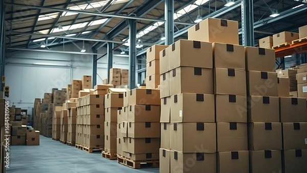 Fototapeta Neatly stacked cardboard boxes in a warehouse, representing organization and efficiency in an industrial space.
