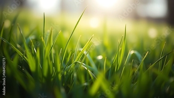 Fototapeta Lush spring grass field with soft focus, showcasing vibrant green tones in natural light.