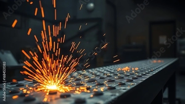 Fototapeta Dramatic industrial scene with fiery orange sparks rising against a dark workshop backdrop, intense lighting from above.