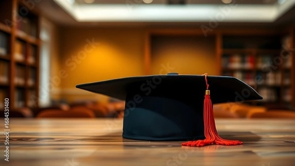 Fototapeta Graduation cap placed on a wooden surface with a subtle academic atmosphere.