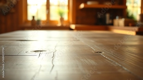 Fototapeta Close-up of a wooden kitchen table with warm lighting and a softly blurred background.