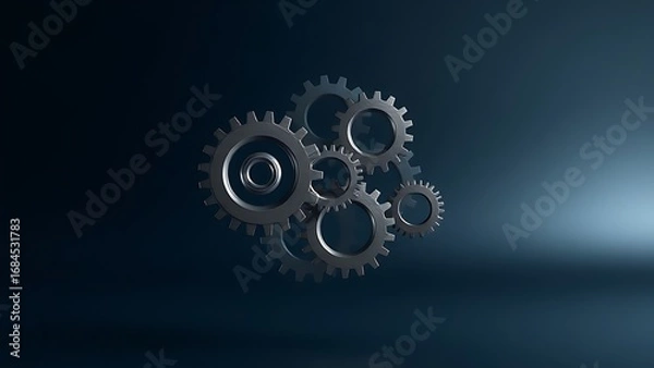 Fototapeta Floating mechanical gears on a gradient background with metallic reflections and studio lighting.