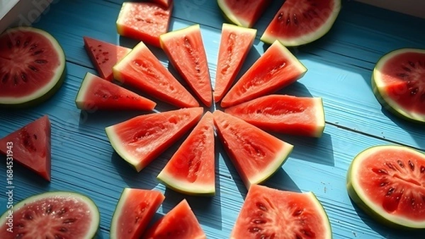 Fototapeta Circular arrangement of fresh watermelon slices on a rustic blue wooden surface, bathed in natural daylight.