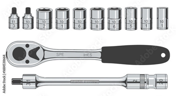 Fototapeta Ratchet with Socket Set and Extension Tools Illustrative Close-Up View