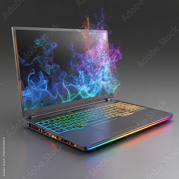 Fototapeta Modern gaming laptop with vibrant rgb lighting and digital energy effects