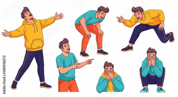 Fototapeta Expressive man in various poses: laughter, surprise, and excitement, ideal for design use
