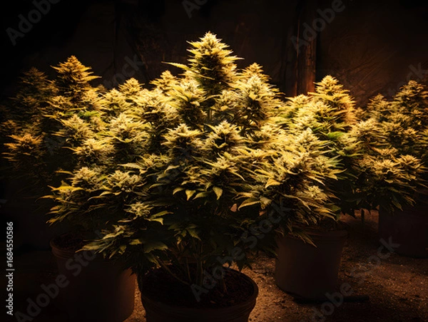 Fototapeta Cultivated botanical specimen with abundant flowering tops, showcasing dense trichome coverage and intricate pistil details, illuminated for optimal visual appreciation