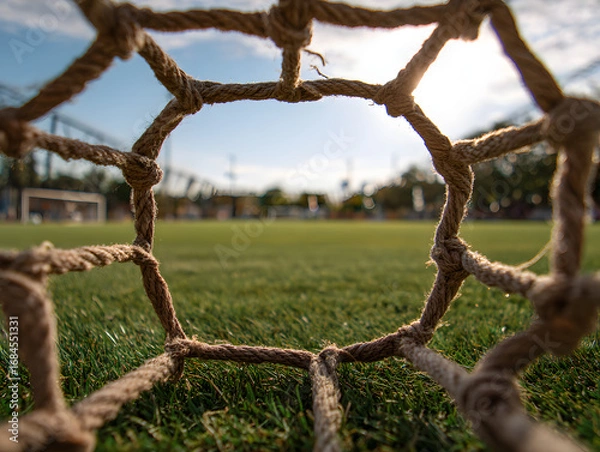 Fototapeta Through the goal net, a sunlit soccer field awaits, showcasing lush green grass and an empty stadium under a clear blue sky