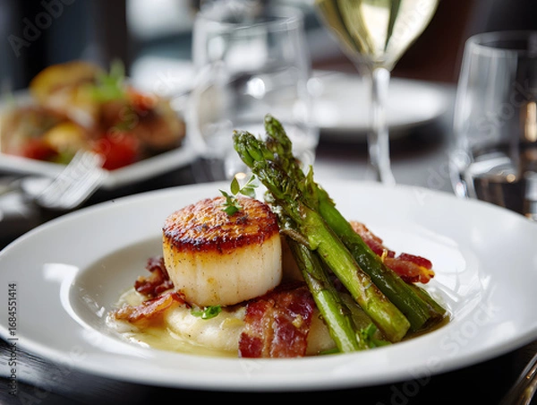 Fototapeta Scrumptious pan-seared scallops with crispy bacon and fresh asparagus atop creamy mashed potatoes, elegantly served for a gourmet dining experience