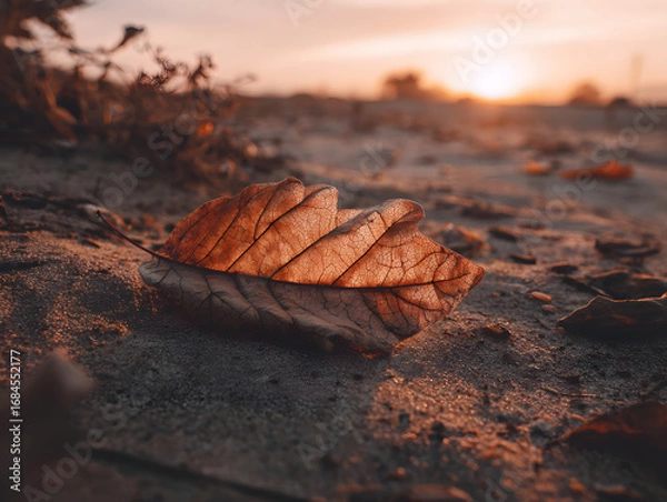 Fototapeta Close-up of a solitary, dry, golden-brown autumn leaf resting on sandy ground during a soft, warm sunset, with blurred foliage in the background, creating a serene and melancholic mood