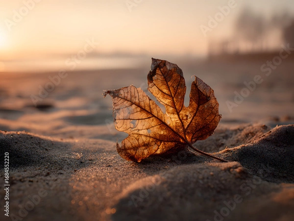 Fototapeta Golden autumn leaf rests on sandy beach at sunrise, casting delicate shadows, evoking warmth and tranquility of nature's transition