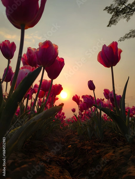 Fototapeta Crimson Tulip Flowers Glowing at Sunset in Field, Warm Light